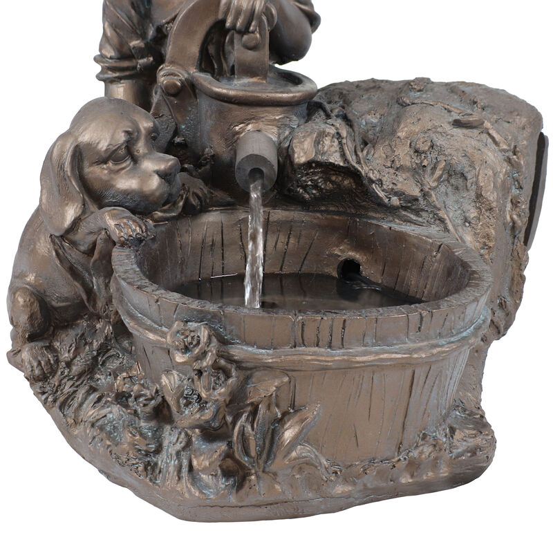 Sunnydaze Boy with Dog Solar Water Fountain with Battery/LED Lights - 15 in