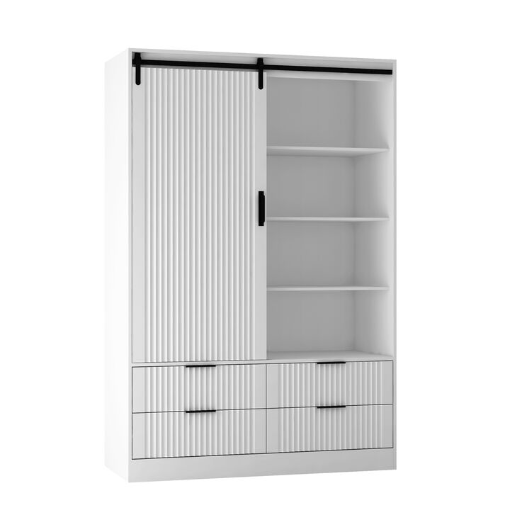 Modern 4-Drawer 4-Shelf Sliding Barn Door Wardrobe Armoire