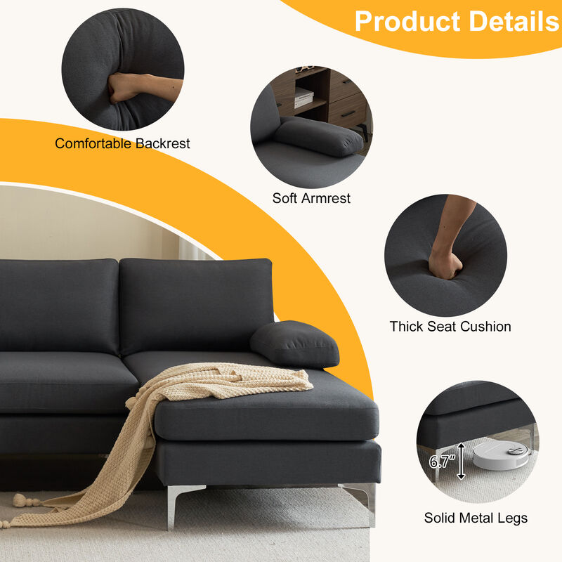 4-Seater U-Shaped Indoor Modular Sofa, Linen Seat with Wooden & Iron Frame, Gold Feet
