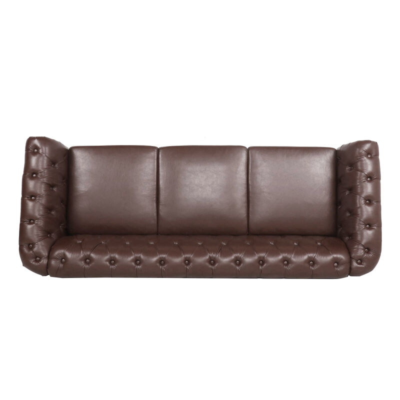Dark Brown PU Rolled Arm Chesterfield Three Seater Sofa
