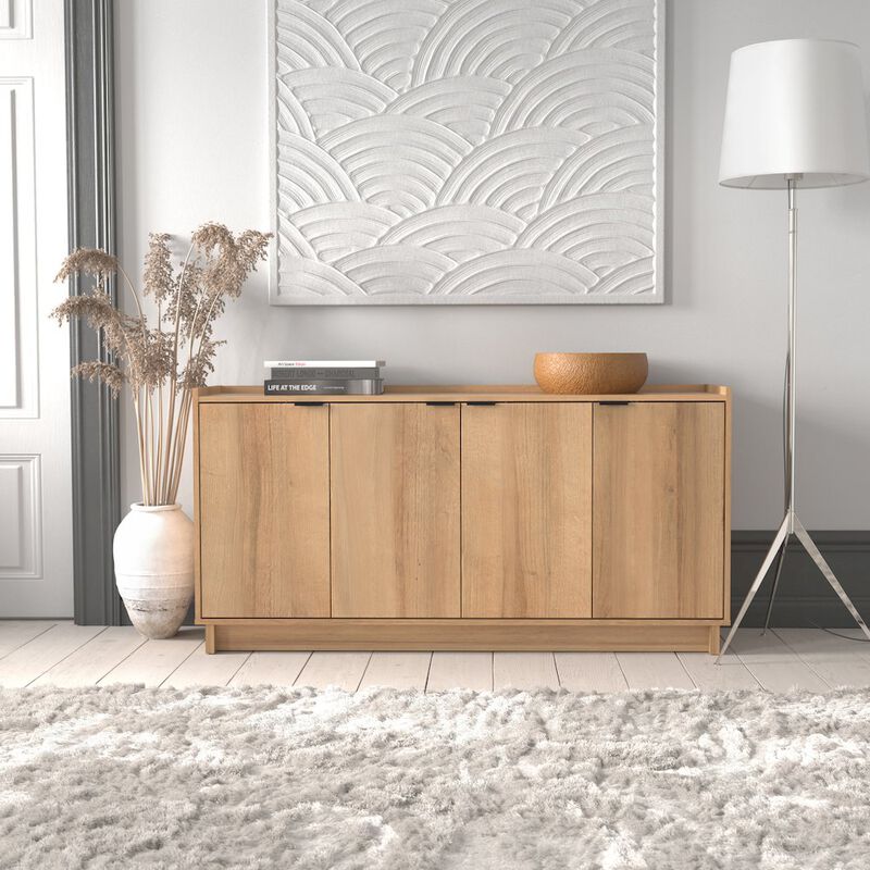 Prepac Simply Modern 4-Door Console Table Natural Oak Engineered Wood Sideboard