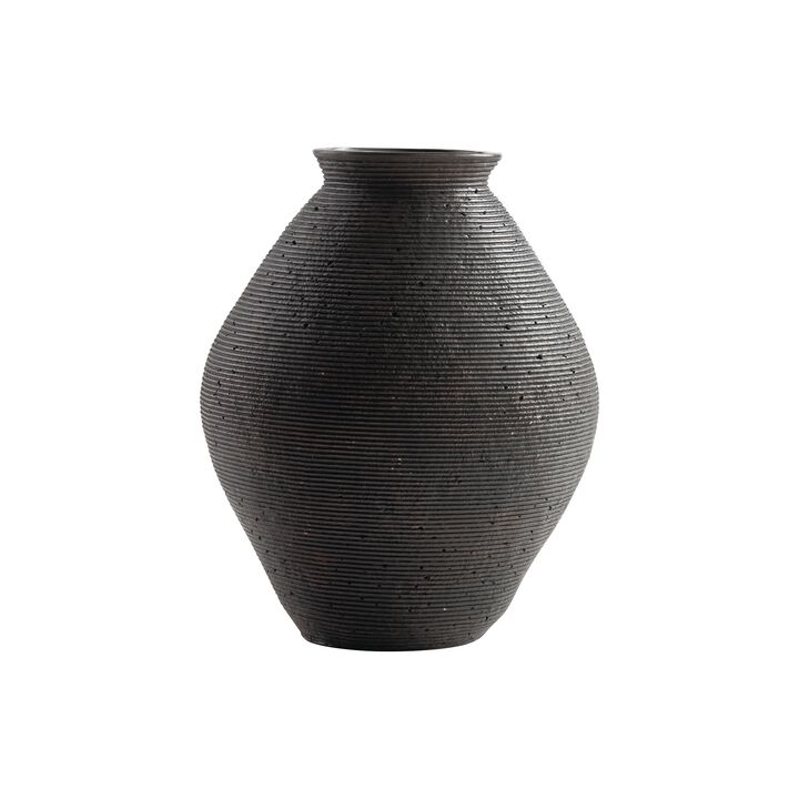 Dale 12 Inch Round Polyresin Vase, Wavy Ribbed Spiral Texture Antique Brown-Benzara