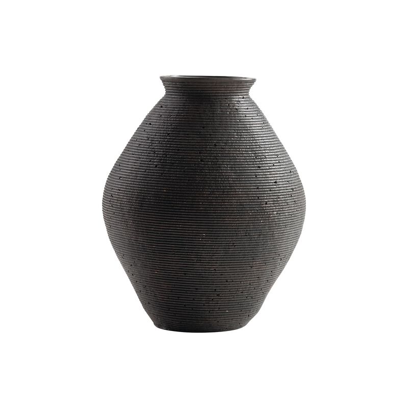 Dale 12 Inch Round Polyresin Vase, Wavy Ribbed Spiral Texture Antique Brown-Benzara