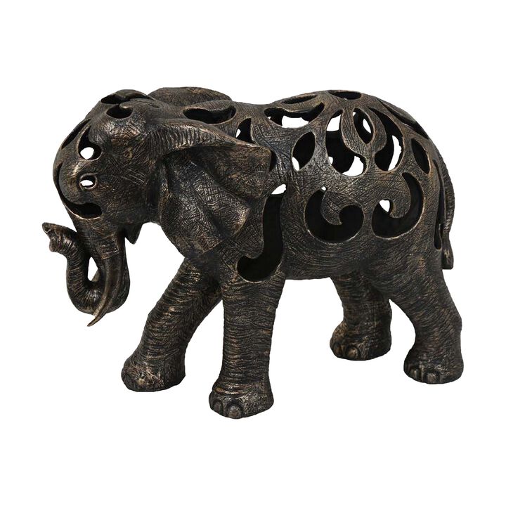 Lizza Elephant Tabletop Decor, Detailed Cut Out Bronze Resin, 17 Inch - Benzara