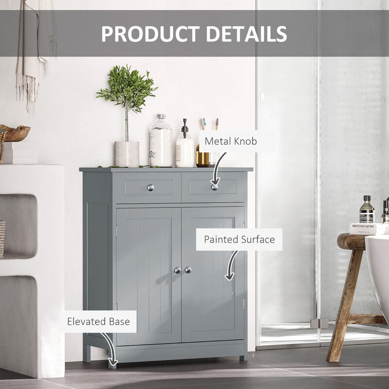 Grey Bathroom Cabinet: Small Freestanding Linen Storage with Metal Knob, Elevated Base, Drawers