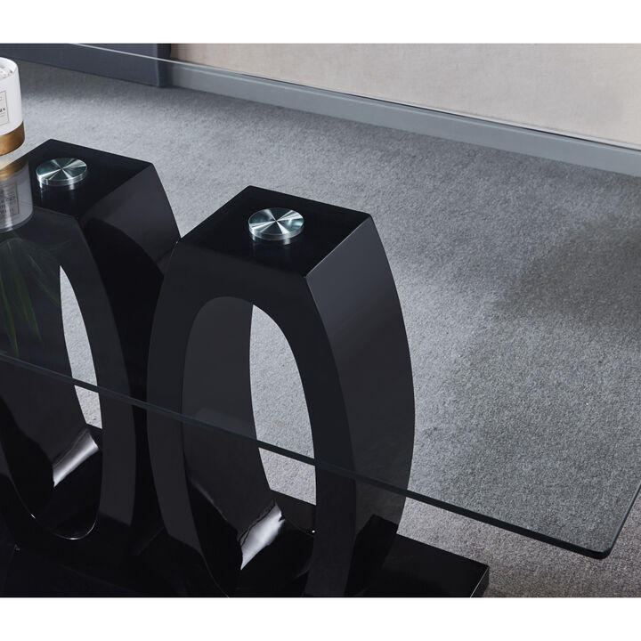 Contemporary Tempered Glass Top Double Pedestal Dining Table, Size 63 X 35.4 X 29.5