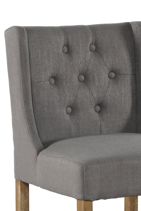 Wooden Barstool with Padded Seat, Button Tufted, Wing Back, Set of 2, Gray and Brown - Benzara