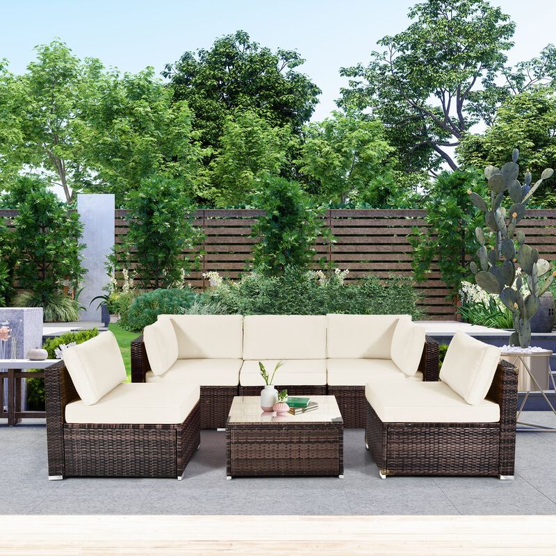 6 Pieces Patio Rattan Furniture Set with Cushions and Glass Coffee Table