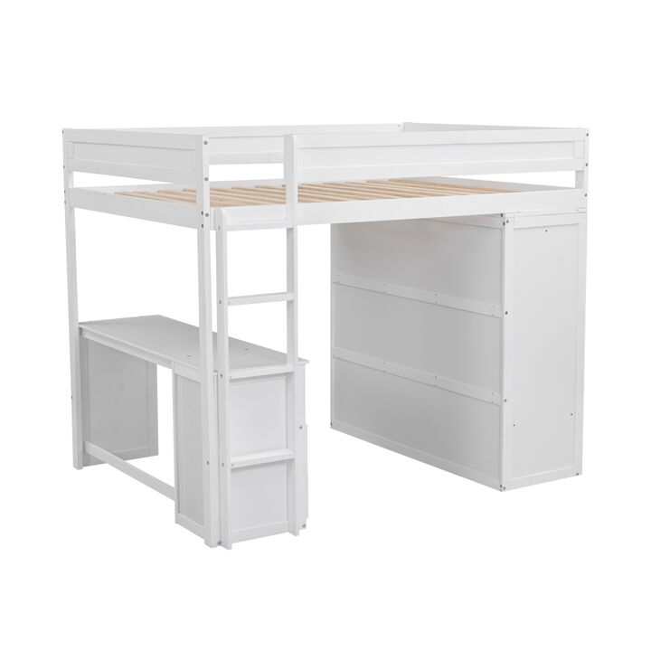 Wood Full Size Loft Bed With Wardrobes And 2-Drawer Desk With Cabinet