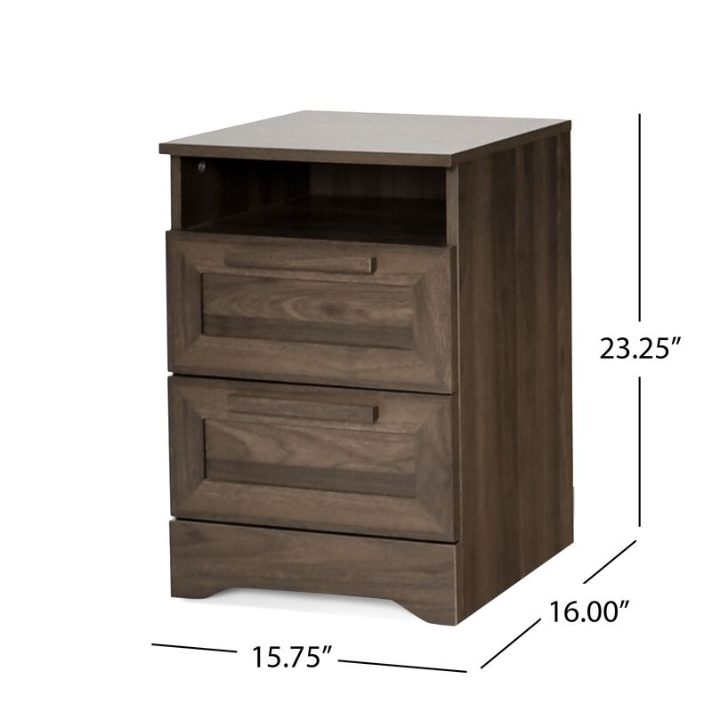 Vinie Nightstand, 2 Drawers and Open Top, 23 Inch Dark Brown Faux Wood - Benzara