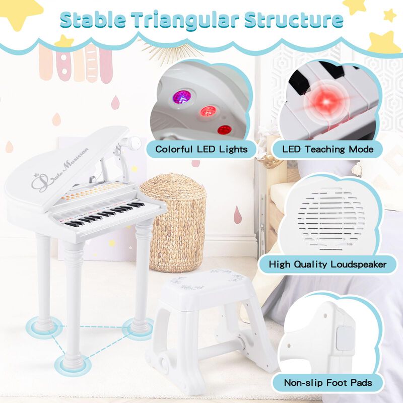 31 Keys Kids Piano Keyboard with Stool and Piano Lid-White