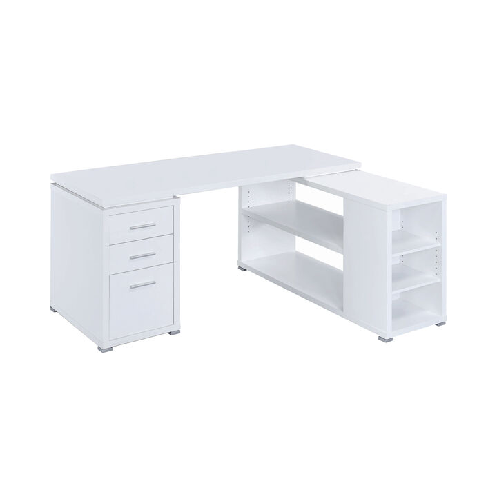 Contemporary L Shaped Office Desk with 3 Drawers and Shelves, White-Benzara