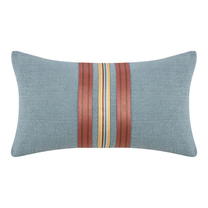 Reto Lumbar Throw Pillow, 14x26in Striped Applique, Blue Cotton Linen - Benzara