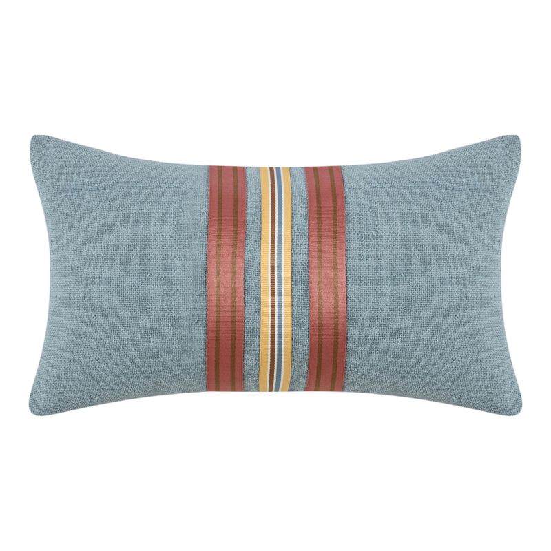 Reto Lumbar Throw Pillow, 14x26in Striped Applique, Blue Cotton Linen - Benzara