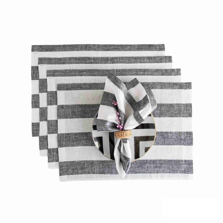 Solino Home 100% Pure Linen 14 x 19 Inch Placemats Set of 4 | Cabana Stripe