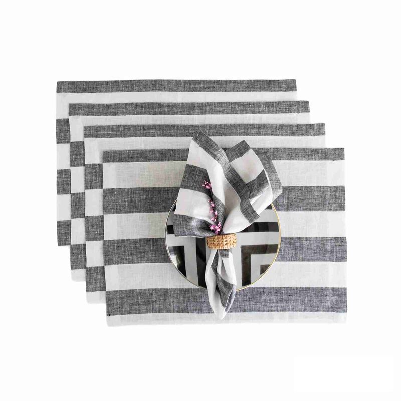 Solino Home 100% Pure Linen 14 x 19 Inch Placemats Set of 4 | Cabana Stripe