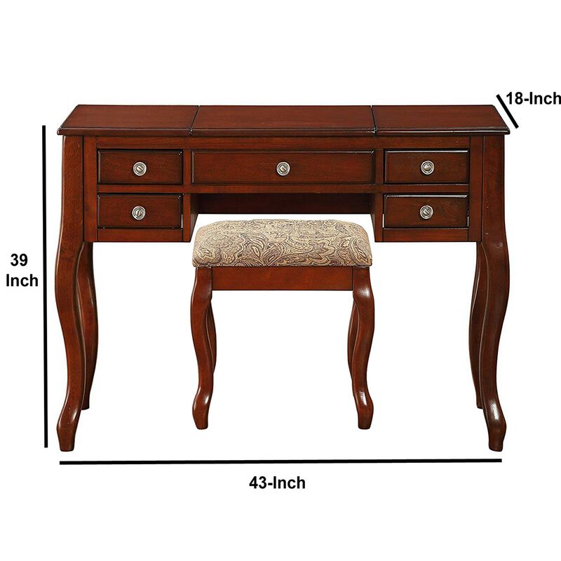 Cherub Vanity Set Featuring Stool And Mirror Cherry Brown-Benzara
