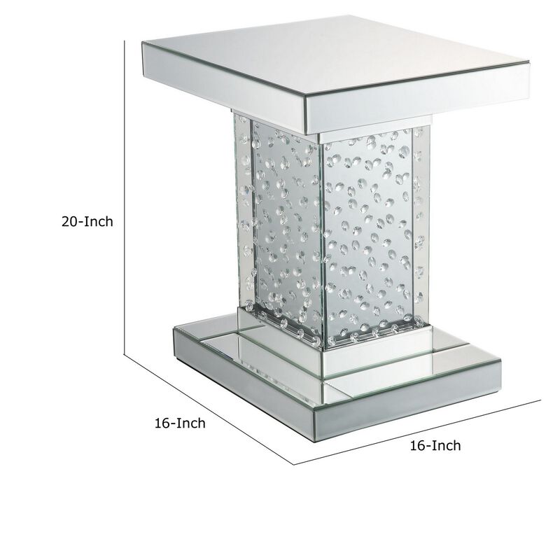 Pali 20 Inch Square Pedestal End Table, Mirrored, Faux Crystal Inlay, Silver-Benzara