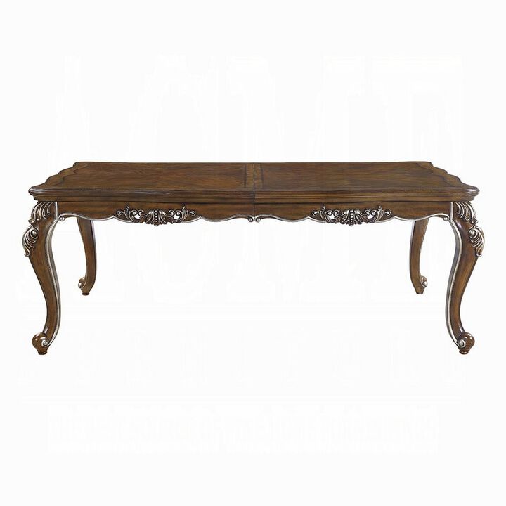 Maver Extending Dining Table, Silver Carved Antique Oak, 80-96 Inch - Benzara