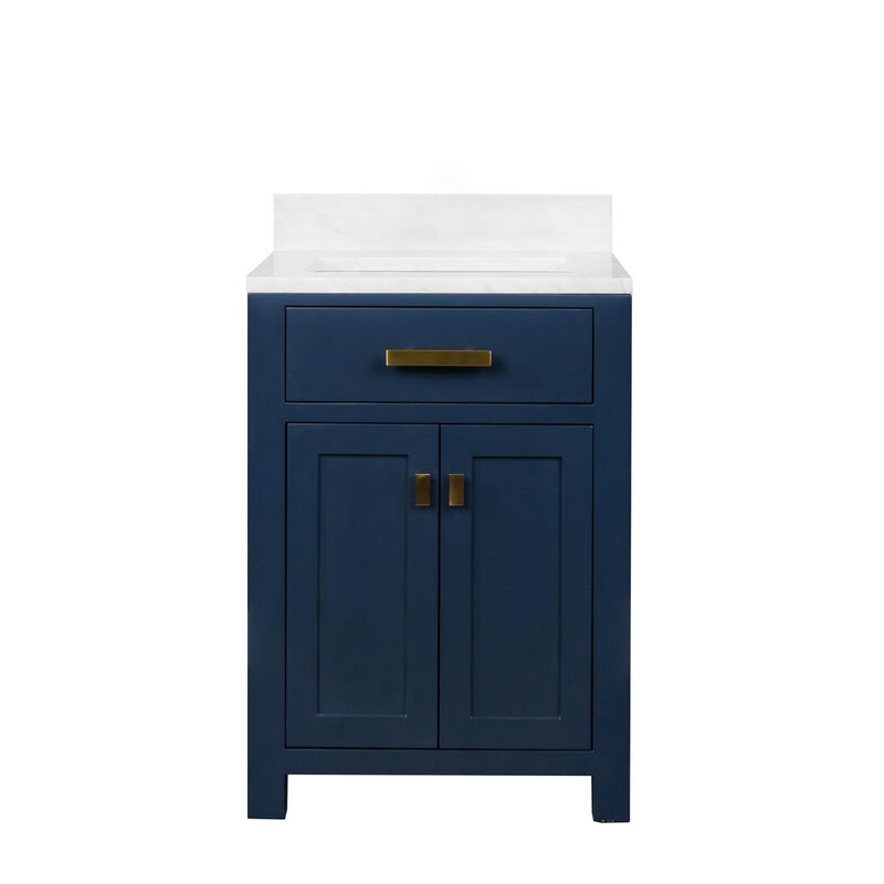 Madison 24 In. Single Sink Carrara White Marble Countertop Bath Vanity In Monarch Blue with Satin Gold Hardware