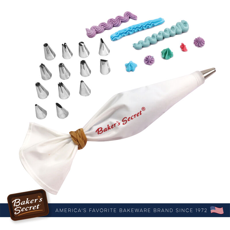 Baker's Secret Piping Bag with 14 tips, Reusable, Stainless Steel, Easy-to-clean & Dishwasher, Cake Decoration, Baking Accessories, Silver