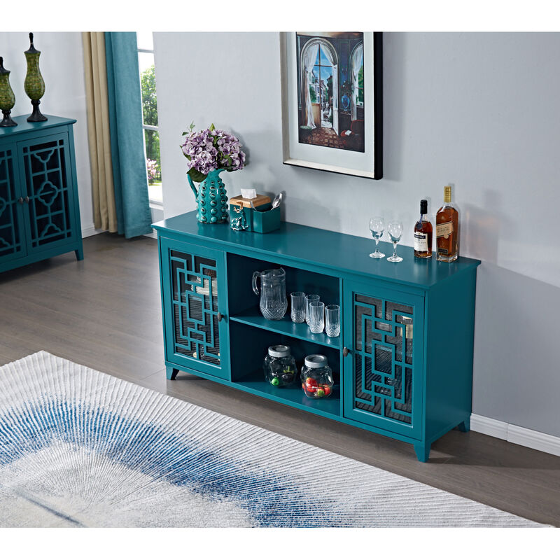 60" Sideboard Buffet Table With 2 Doors, Storage Cabinet With Adjustable Shelves, Teal