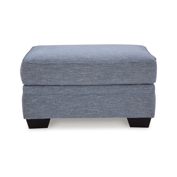 Sano Ottoman, Denim Blue Polyester, Soft Cushions, Black Wood, 38 Inch - Benzara