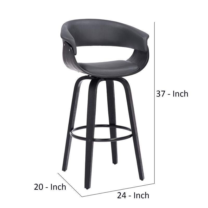 26 Inch Swivel Faux Leather Barstool with Curved Open Back, Gray-Benzara
