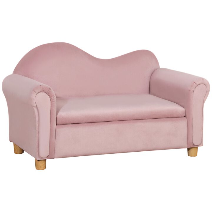Ergonomic Foam Kids Sofa with Inner Toy Storage Chest, Velvet Kids Couch with Soft Arms, Children's Lounge Furniture