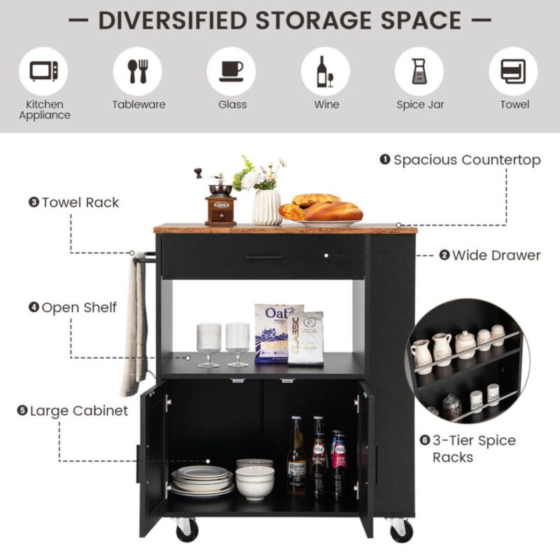 Hivvago Rolling Kitchen Trolley with 3 Spice Racks Drawer and Open Shelf-Black