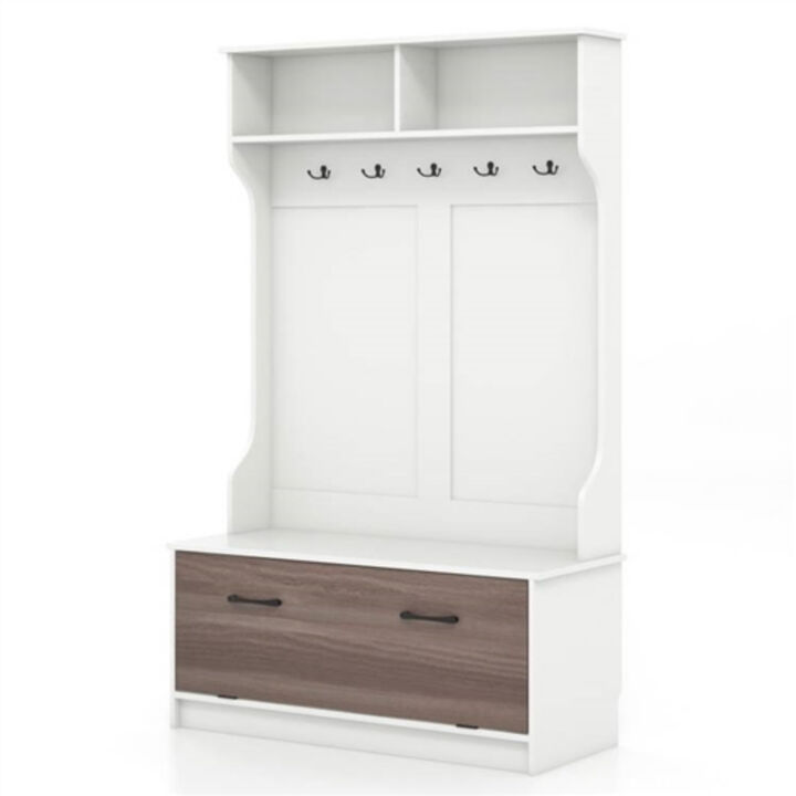 Entryway Bench Coat Rack Shoe Storage Cabinet in Wood Finish