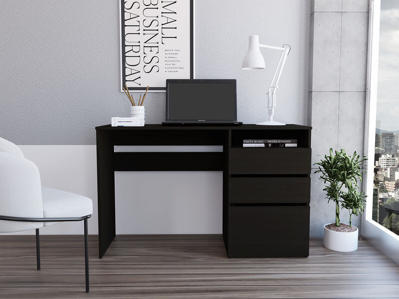 DEPOT E-SHOP Kenai 3 Drawers Computer Desk, One Shelf, Black
