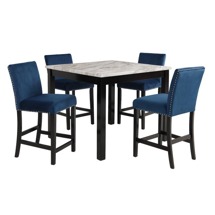 Kate 42 Inch 5 Piece Counter Table Set with Velvet Seating, Blue - Benzara