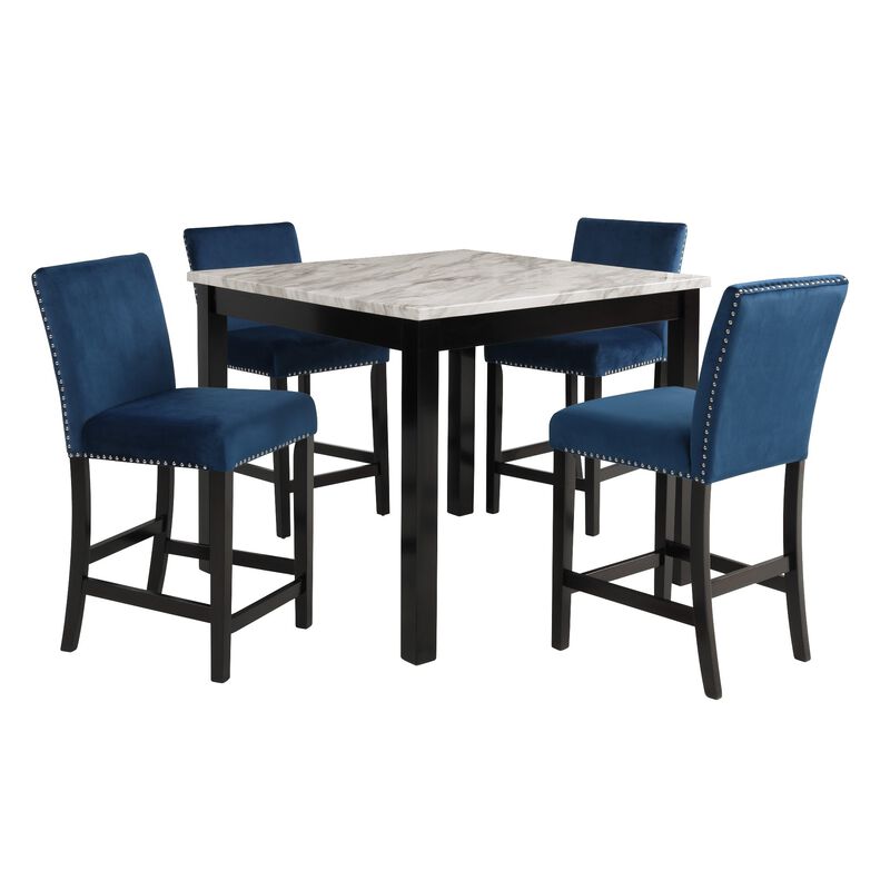 Kate 42 Inch 5 Piece Counter Table Set with Velvet Seating, Blue - Benzara