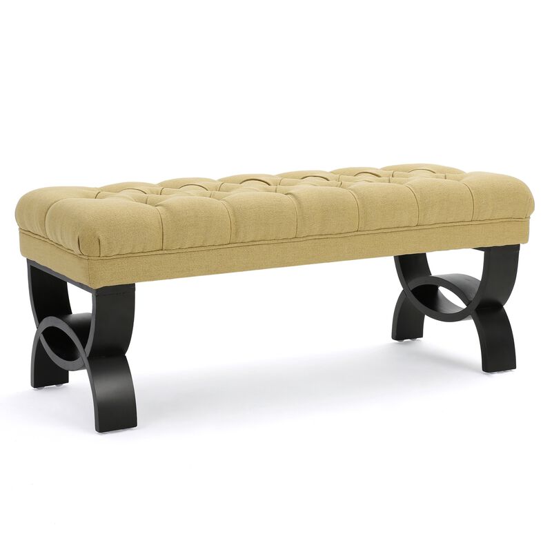 Riam Ottoman Bench, 41 Inch, Button Tufted, Yellow, Half Circle Legs - Benzara
