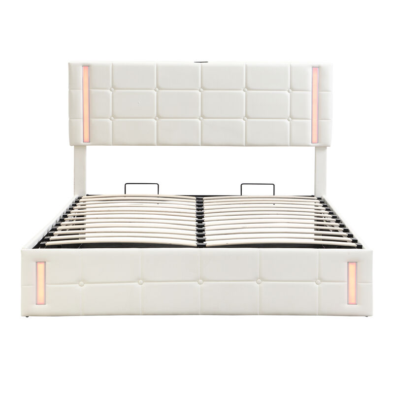 Queen Size Upholstered Bed With LED Lights, Hydraulic Storage System And USB Charging Station, White