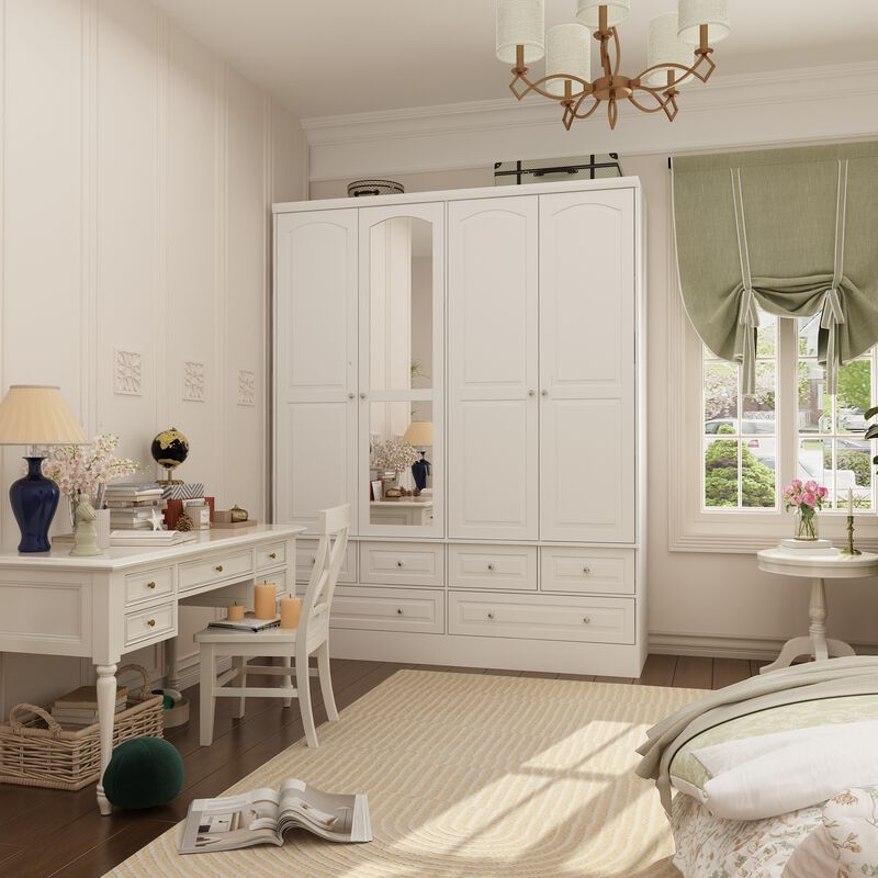 FUFU&GAGA Large Wardrobe with Mirrored Doors and Six Drawers – Stylish and Functional Storage Solution (63" W x 19.7" D x 78.7" H),White
