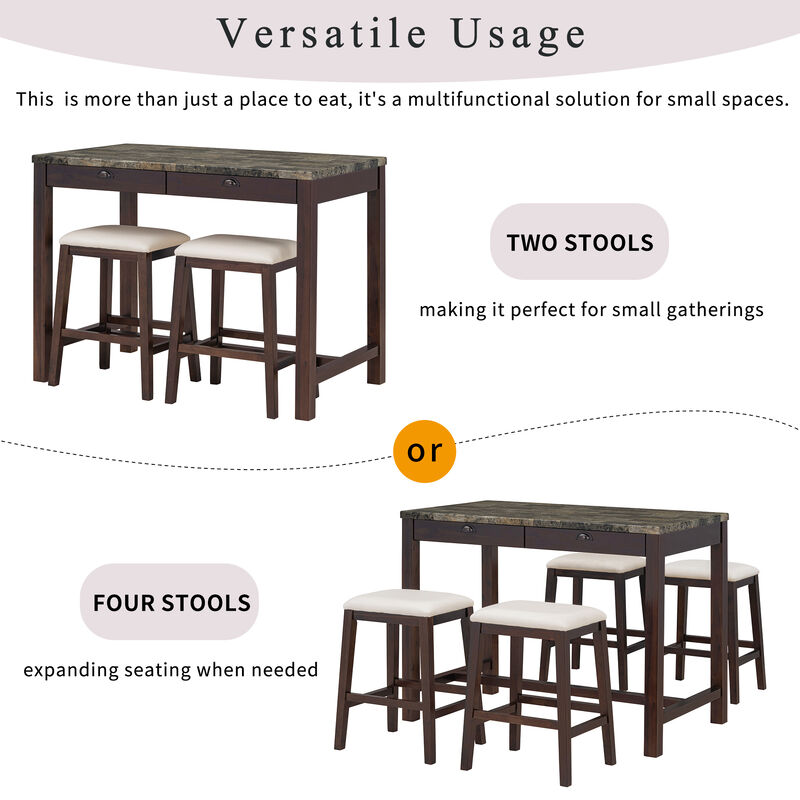 Merax 5-Piece Modern Faux Marble  Bar Table Dining Set
