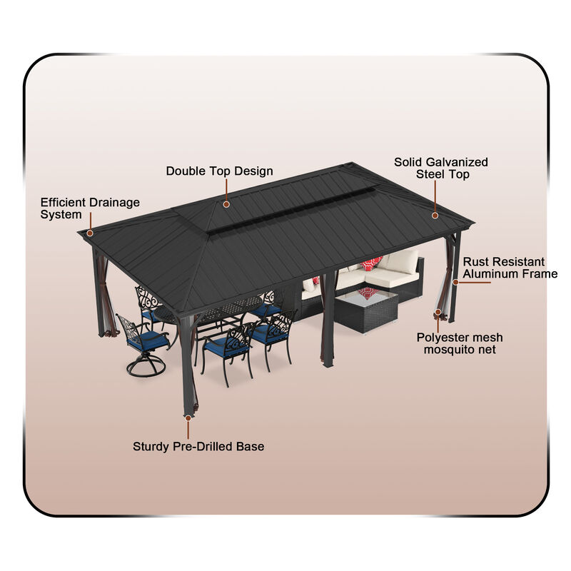 Mondawe 12 ft. x 20 ft. Outdoor Aluminum Frame Gazebo with Mosquito Netting Hardtop Canopy Shelter Iron Double Roof Pavilion