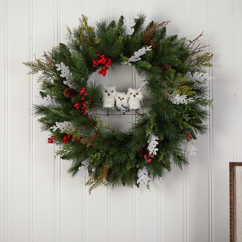 Hivvago 24" Holiday Winter Owl Family Pinecone Berry Christmas Artificial Wreath