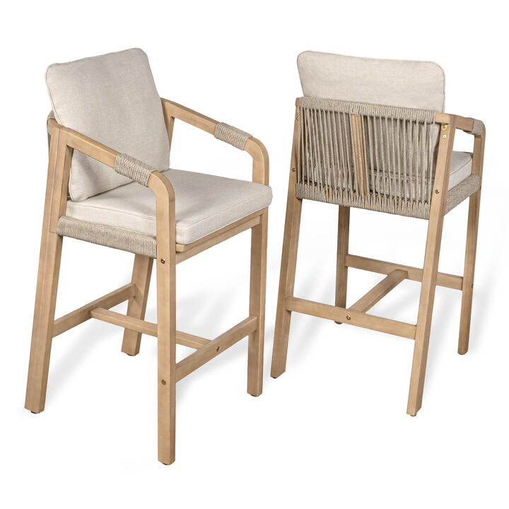 Porto Modern Coastal Tub Roped Acacia Wood Outdoor Bar Stool with Cushions and Armrests