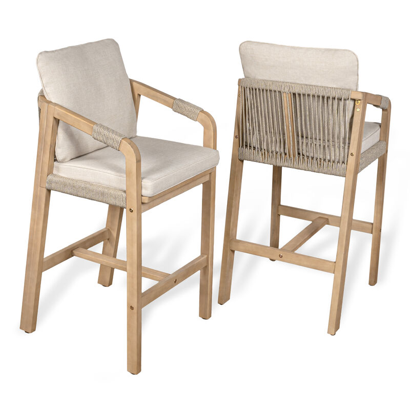 Porto Modern Coastal Tub Roped Acacia Wood Outdoor Bar Stool with Cushions and Armrests