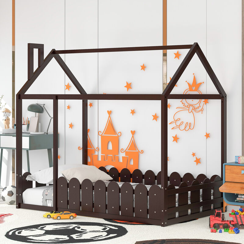 Merax Wood Bed House Bed Frame with Fence