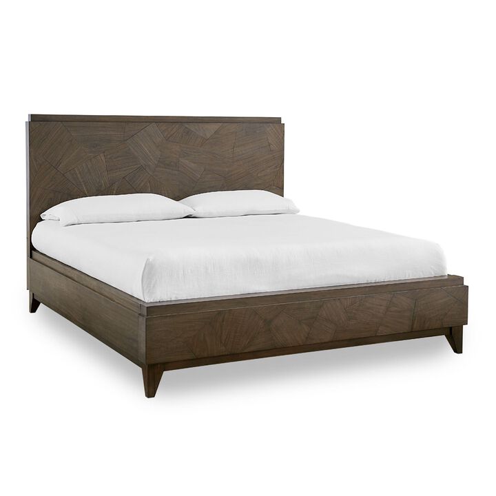 Dee Mahogany Wood Low Profile Queen Bed, Geometric Oat Brown - Benzara