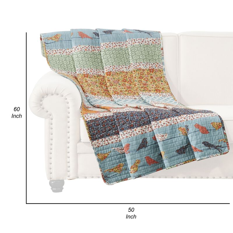 Nite 50 x 60 Quilted Throw Blanket with Fill, Floral, Striped, Multicolor - Benzara