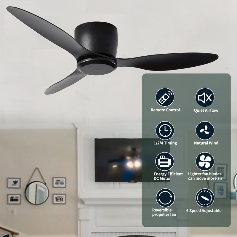 Modern  Low Profile Ceiling Fan, No Light, 6-Speed Reversible DC Motor