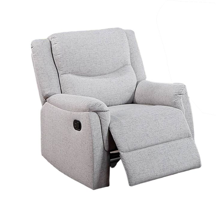 Ammy Manual Recliner Chair, Pillow Arms, Solid Wood, White Faux Burlap - Benzara