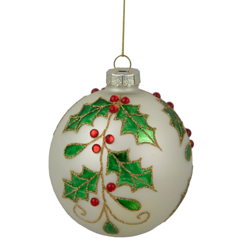 4.5" White Glass Christmas Ball Ornament with Holly Leaves