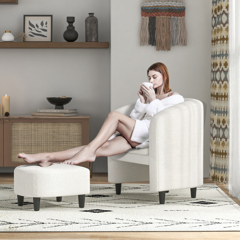 Modern Upholstered Barrel Teddy Velvet Chair with Ottoman-Beige