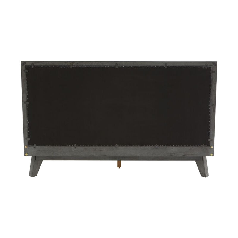 Kiran Queen Size Platform Bed, Gray Upholstered Headboard, Wood Frame - Benzara